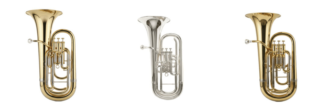 Set of Professional Tuba and Euphonium Brass Musical Instruments Isolated on White