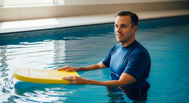 Man practicing swimming with kickboard in indoor pool