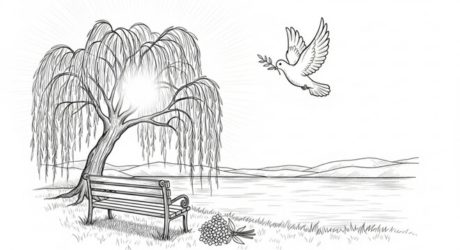 A serene vector illustration of a dove flying over a weeping willow tree beside a tranquil lake with a wooden bench and a bouquet of flowers.