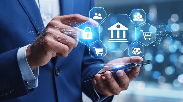 Business professional holding house icon with digital real estate investment hologram