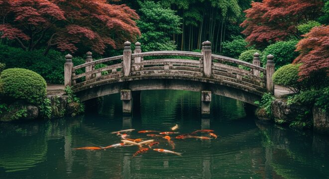 Scenic Japanese garden with koi fish pond and stone bridge