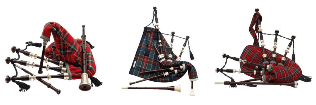Set of Traditional Scottish Bagpipes with Tartan Patterns Isolated on White Background