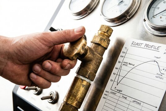 Hand turning brass valve on industrial espresso coffee roasting machine with roast profile chart attached