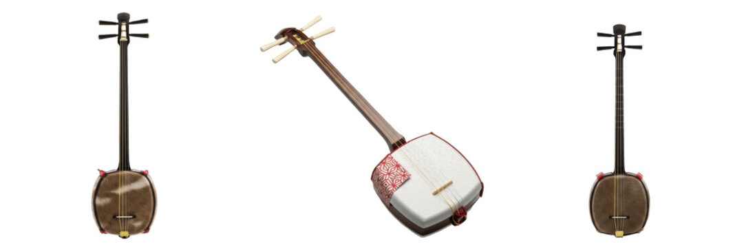 Set of Traditional Japanese Shamisen and Sanshin Musical Instruments Isolated on White Background