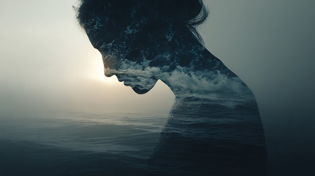 Double exposure of human silhouette with ocean waves. Concept of mental health, anxiety, emotional overwhelm, inner struggle, deep feelings, stress and psychological pressure