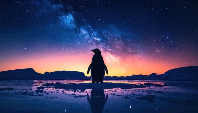 Penguin silhouette milky way