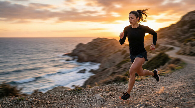 Woman sprinting on coastal path at golden hour