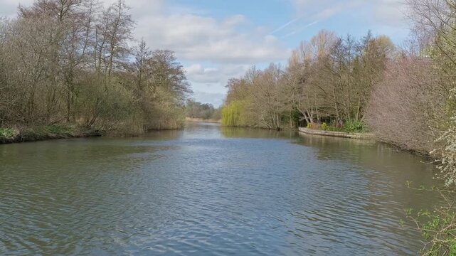 River Bure in the Norfolk Broads, filmed from Belaugh Staithe. Trees line the riverbank capturing the quiet charm of a perfect summer day on the Norfolk Broads. Push in shot