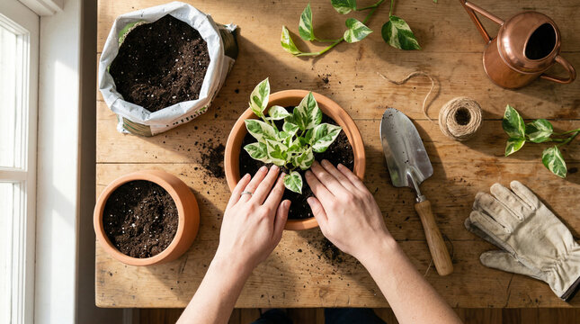 Hands repotting a variegated pothos plant