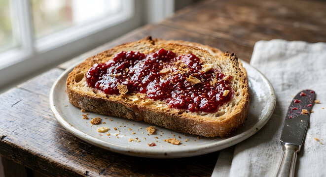 A rustic slice of toasted sourdough bread generously spread with glistening, homemade raspberry jam, topped with a sprinkle of toasted almond slivers.