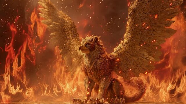 Majestic Lionwing Creature Surrounded by Fiery Flames and Glowing Embers in a Mythical Realm