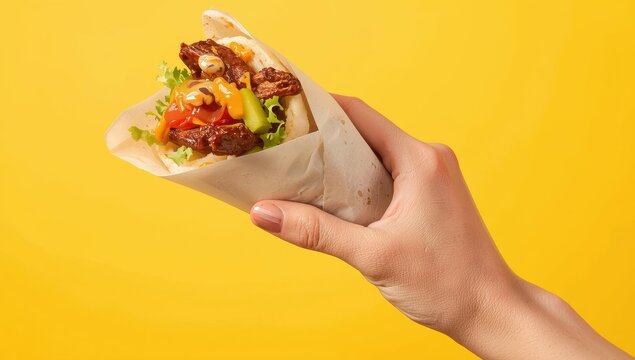 A woman holding shawarma against a yellow backdrop.