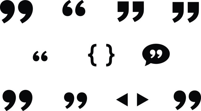 Collection of Quote Marks and Punctuation Symbols Featuring Various Double Quotation Styles Brackets and Speech Bubble Icons for Typography Design Literature and Editorial Graphics