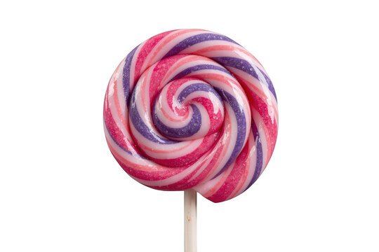Lollipop with pink and purple spiral swirl design on stick providing sweet candy dessert treat