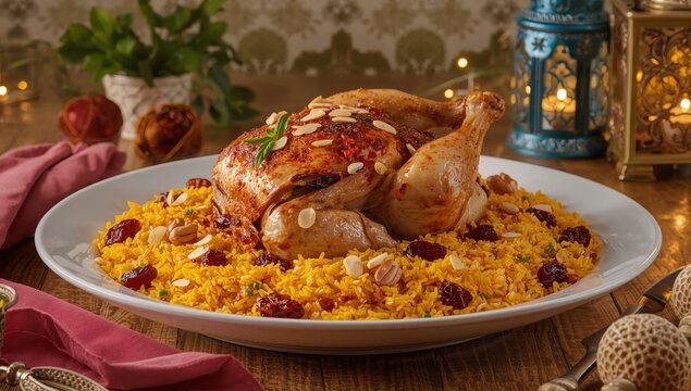Saudi Arabia's traditional dish of chicken kabsa with roasted chicken and almonds, or mandy.