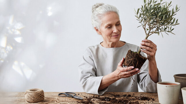 Smiling senior woman holding a newly transplanted olive tree in a studio setting. The presence of gardening shears and jute rope adds a layer of authentic workspace aesthetics.