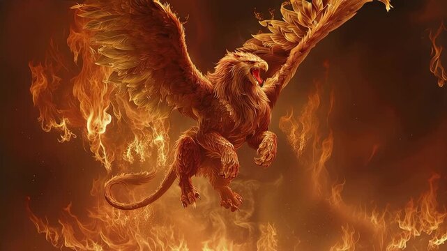 Mythical Griffin Soaring Through Intense Flames in a Vivid Display of Fire and Majesty