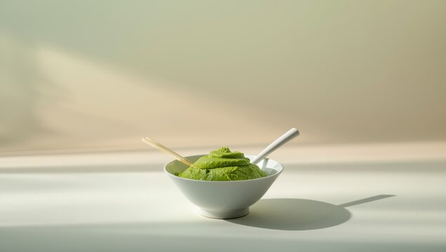 Bowl of green wasabi paste or sauce with chopsticks or spoon on a vibrant background.