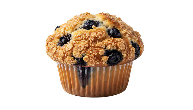 A blueberry muffin with a crumbly topping on transparent background PNG