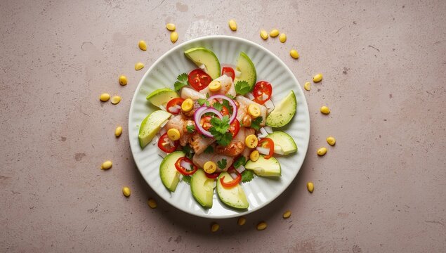 Ceviche from Peru on a textured backdrop. Overhead view.