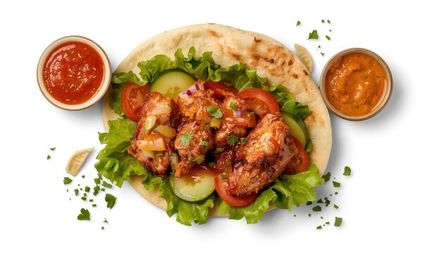 Chicken and vegetable shawarma or doner on a white background, viewed from above.