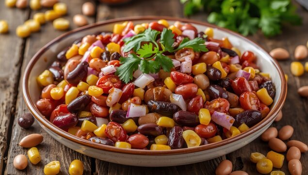 Chili-topped bean and corn salad. Tasty meatless meal.