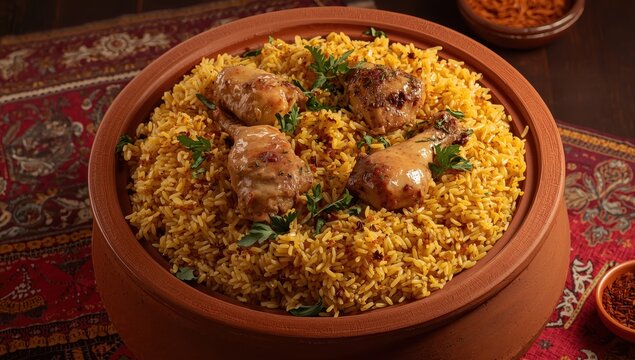 Clay pot chicken biryani rice in Arabic.