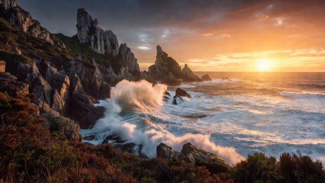Jagged coastal cliffs with crashing waves at sunset