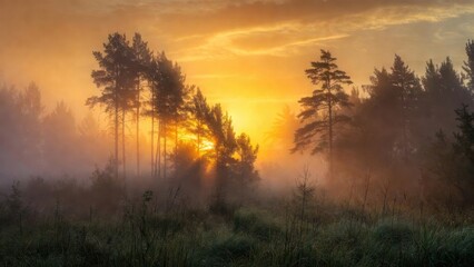 Fototapeta premium Golden sunrise illuminating misty pine forest grassland