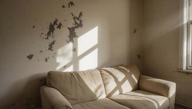 Couch by illuminated wall with dark mold in space.