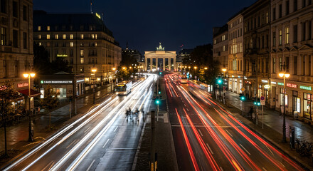 Fototapeta premium A wide-angle, high-angle shot looking down a bustling city street at night. The Brandenburg Gate is visible in the distance, illuminated by warm lights.