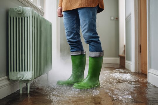 Person in green rubber boots standing near a flooded radiator