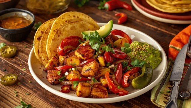 Crispy halloumi fajitas with saut&eacute;ed onions, bell peppers, avocado dip, and pickled jalape&ntilde;os.