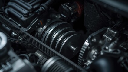 Naklejka premium Detailed Look at a Car's Timing Belt and Pulleys Highlighting Engine Parts