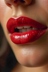 Fototapeta premium Close-up of a woman's full lips with lipstick