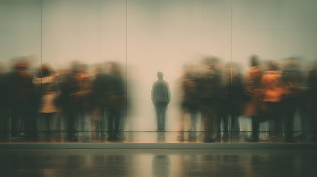 Person standing still among blurred crowd, expressing social anxiety, loneliness, isolation, mental health, feeling invisible, emotional distance, and disconnection in modern fast paced society
