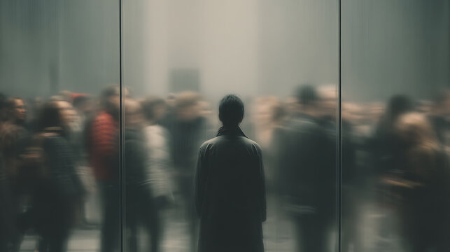 Person standing still behind glass among blurred crowd, expressing social anxiety, isolation, mental health, emotional distance, feeling invisible, and disconnection in fast paced modern society