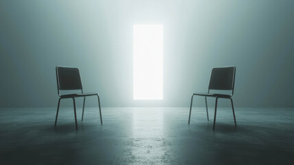 Fototapeta premium Two empty chairs facing bright doorway in minimalist room symbolizing choice and reflection
