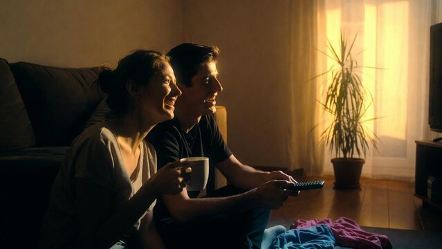 A couple sitting together watching television and enjoying a cozy evening at home