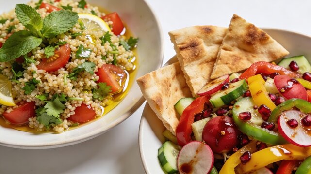 Lebanese fattouch and tabbouleh salad on white background.
