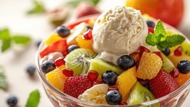 Mixed fruit salad featuring kiwi, banana, apple, pomegranate, and vanilla ice cream.