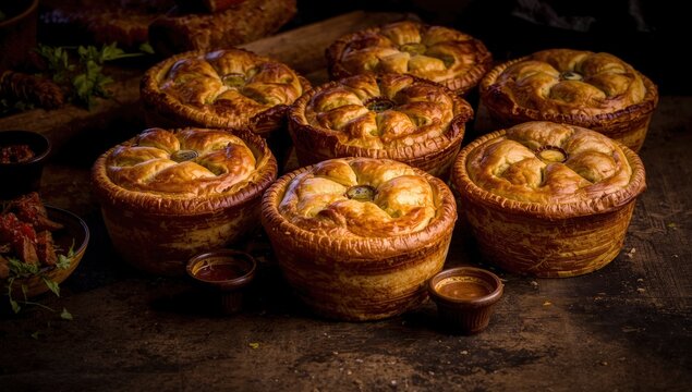 Newly made meat pies with sauce under strong lighting.