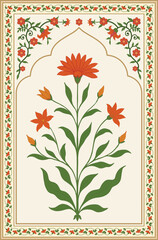 Traditional botanical flower illustration with ornamental Mughal style arch. Mughal flower motif vector illustrations.  Botanical floral ethnic motif, Mughal flower motif. © Design 35