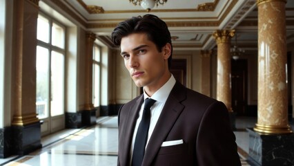 Fototapeta premium Young man gazing contemplative in ornate marble corridor