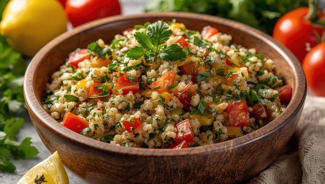 Quinoa tabouli salad with herbs, tomatoes, mint, and lemon.