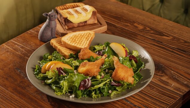 Salad featuring fried chicken hearts, grilled cheese, ripe pear, peach, and greens.
