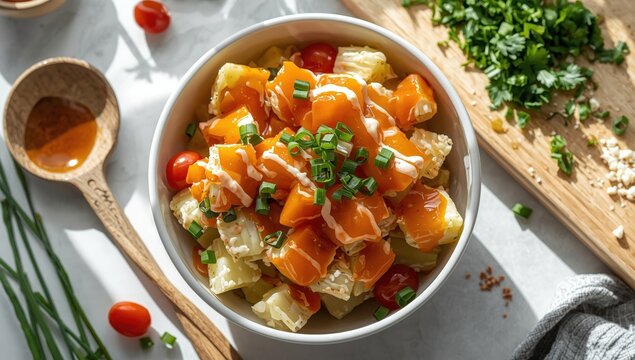 Salad of potatoes with mentaiko dressing