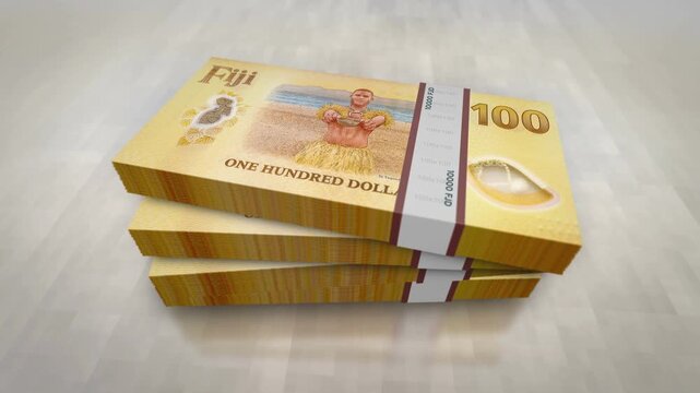 Fiji dollars Fijian money pile pack. Concept background of economy, banking, business, crisis, recession, debt and finance. 100 FJD banknotes stacks 3d.
