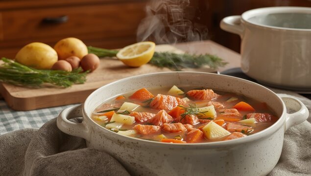 Scandinavian soup recipe featuring creamy salmon with potatoes and carrots.