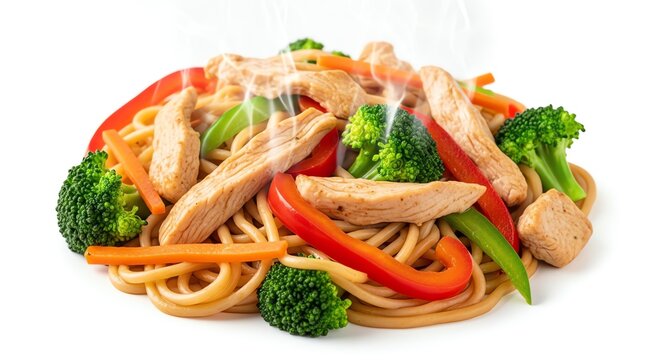 Chicken and vegetable noodle stir fry with steam isolated on white